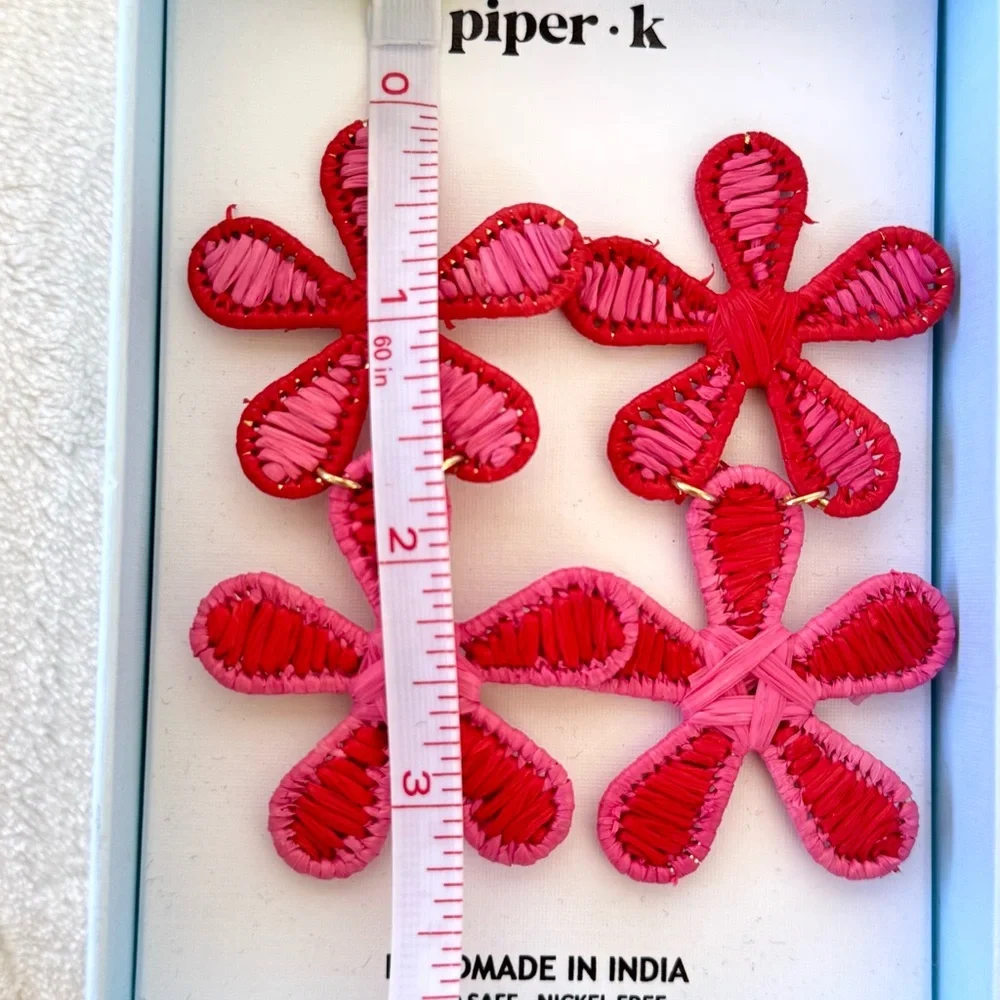 Piper K Raffia Pink & Red Statement Flower Earrings